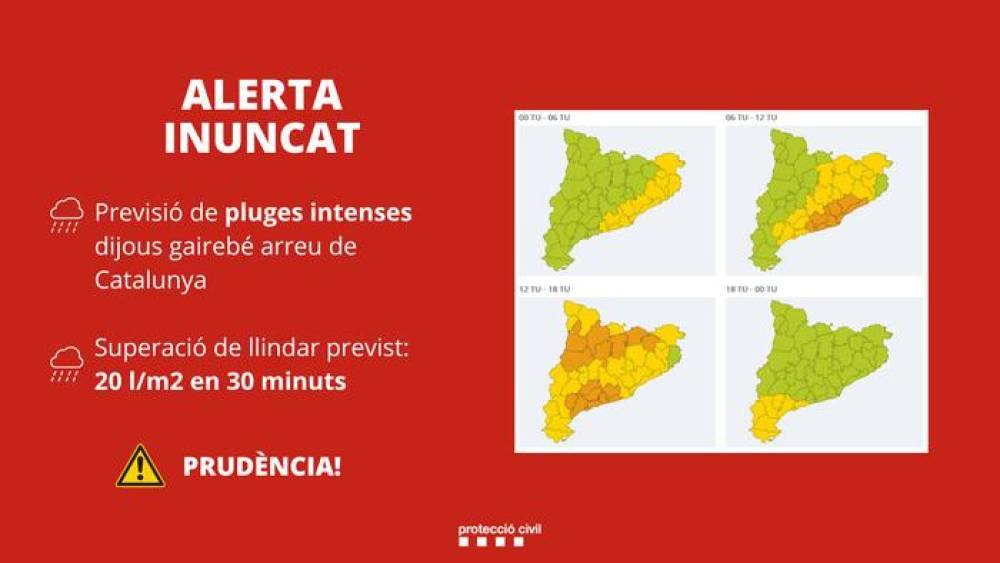 Protecció Civil activa l'alerta del pla Inuncat per la previsió de pluges intenses