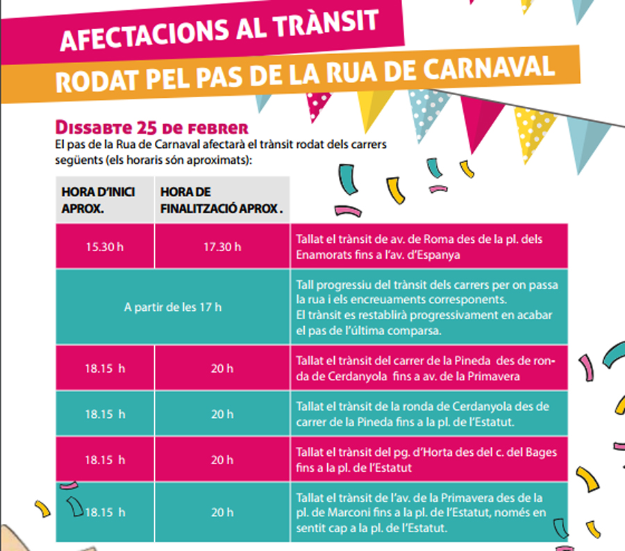 La celebració de la Rua de Carnaval afectarà al trànsit d'alguns carrers