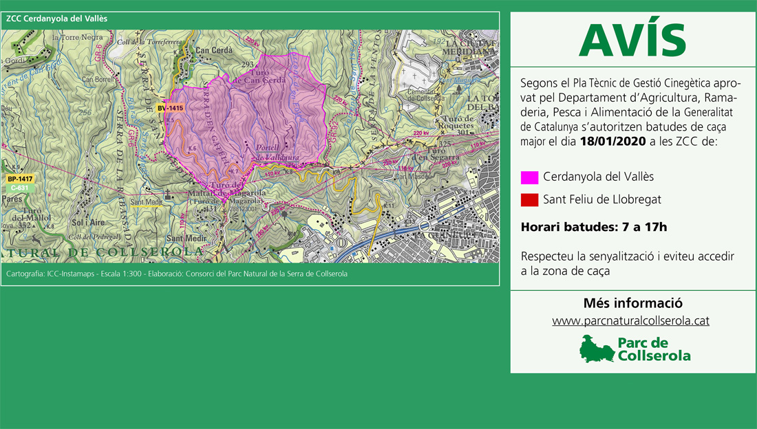 El Parc de Collserola avisa d’una batuda de caça de senglar per aquest dissabte, 18 de gener